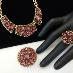 BARCLAY Vtg PURPLE Rhinestone Brooch Necklace Ring